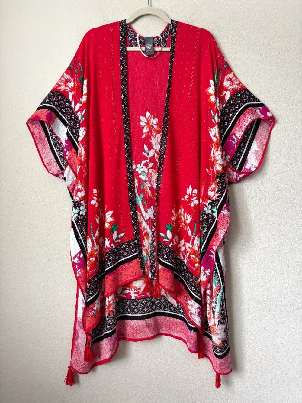Vince Camuto Boho Floral Red Lightweight Kimono Cardigan Wrap OSFM